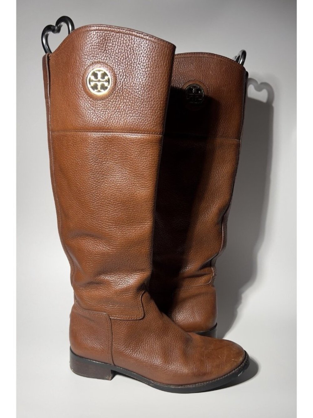 Tory Burch Junction Brown Pebbled Leather Riding Boots Size 8M Gold Logo